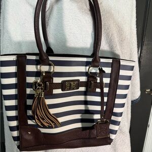 Sakroots Navy White Striped Concealed Carry Tote Brown Leather